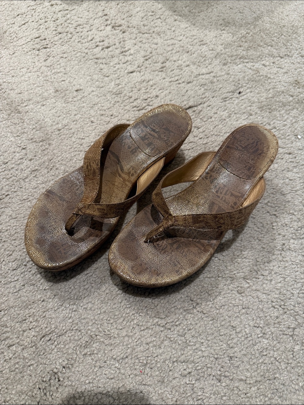 Stuart Weitzman Metallic Brown Thong Wedge Sandals